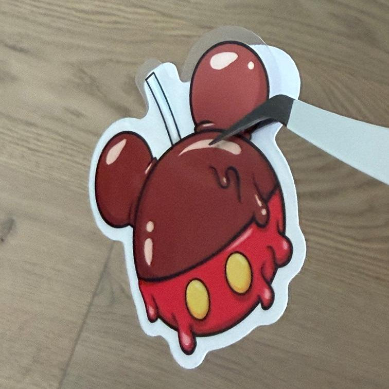Caramel Apple Mickey Shape Disney Stickers – Shimmery Vinyl, Transparent & Waterproof
