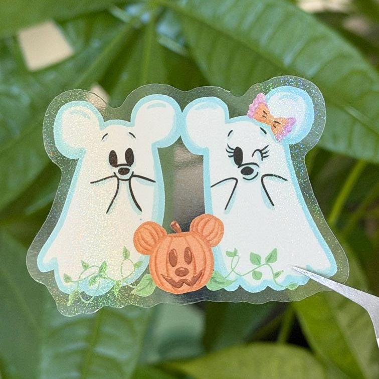Mickey and Minnie Ghost Halloween Stickers – Shimmery Vinyl, Transparent & Waterproof
