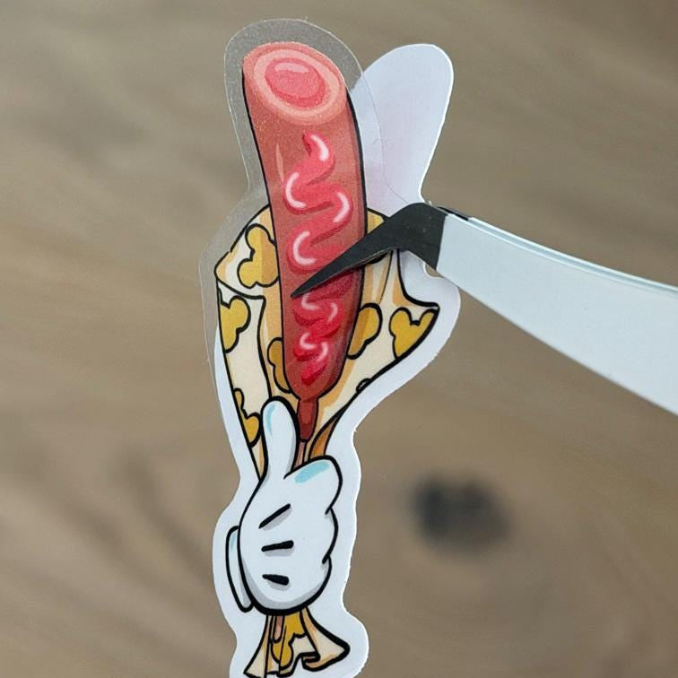 Corn Dog Held by Mickey's Hand Disney Stickers – Shimmery Vinyl, Transparent & Waterproof