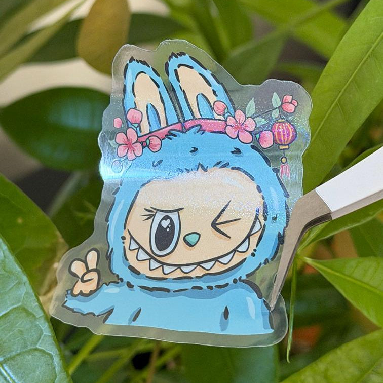 Labubu Sakura Flowers Oriental Popmart Blind Box Character Stickers – Shimmery Vinyl, Transparent & Waterproof