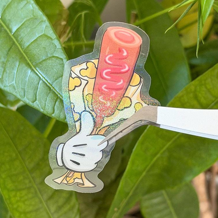 Corn Dog Held by Mickey's Hand Disney Stickers – Shimmery Vinyl, Transparent & Waterproof
