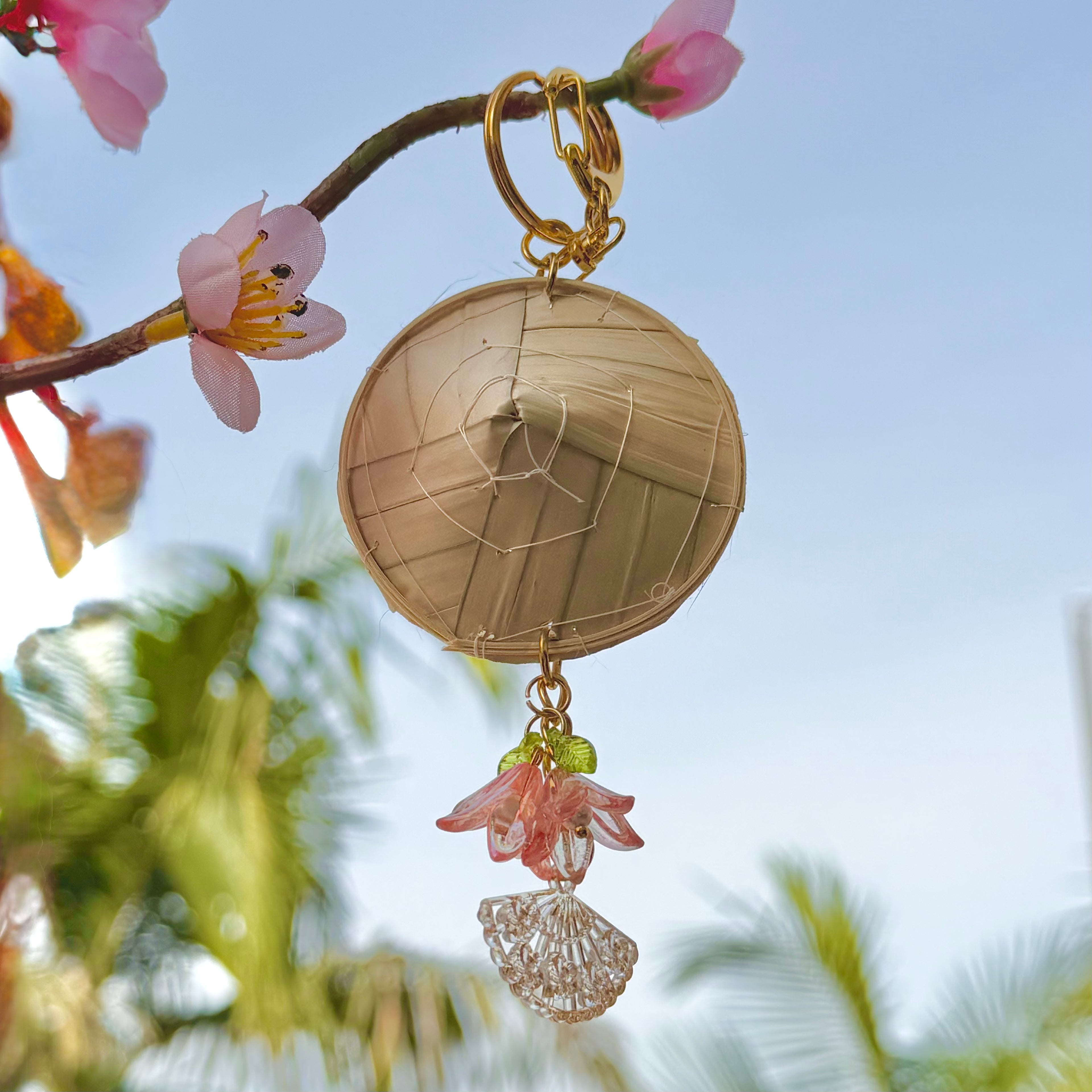 Whimsical Non La (Rice Hat) Keychain with Pink Flower & Crystal Bag Charm
