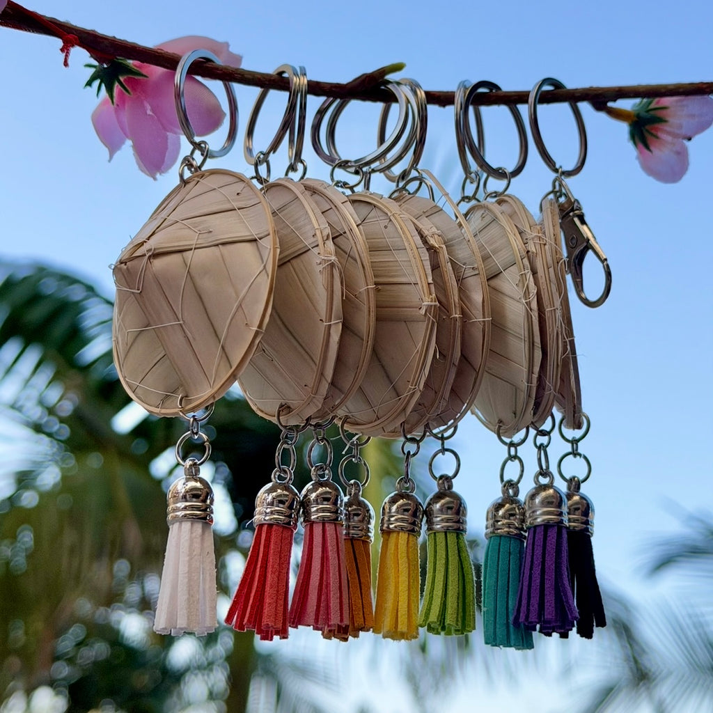 Whimsical Non La (Rice Hat) Keychain with Pink Flower & Crystal Bag Charm