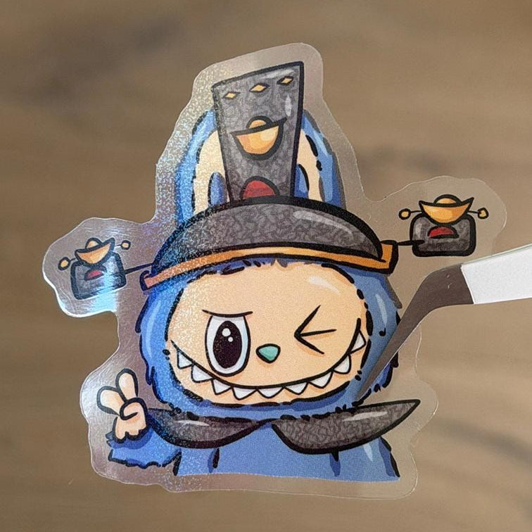 Labubu Boy Oriental Popmart Blind Box Character Stickers – Shimmery Vinyl, Transparent & Waterproof
