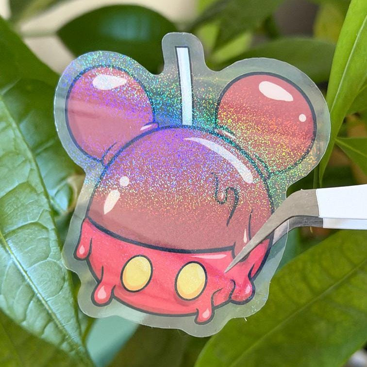 Caramel Apple Mickey Shape Disney Stickers – Shimmery Vinyl, Transparent & Waterproof