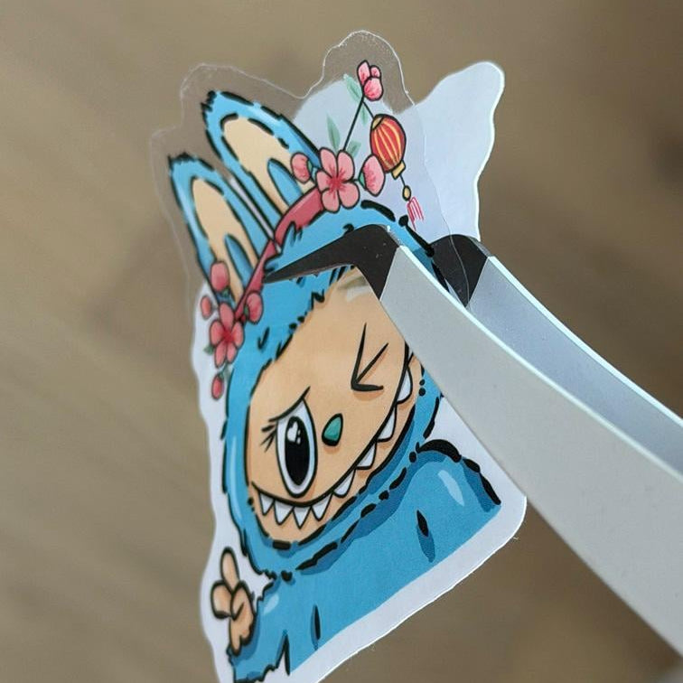 Labubu Sakura Flowers Oriental Popmart Blind Box Character Stickers – Shimmery Vinyl, Transparent & Waterproof