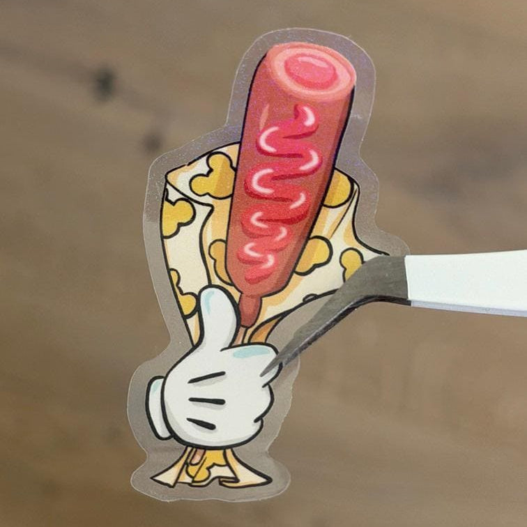 Corn Dog Held by Mickey's Hand Disney Stickers – Shimmery Vinyl, Transparent & Waterproof