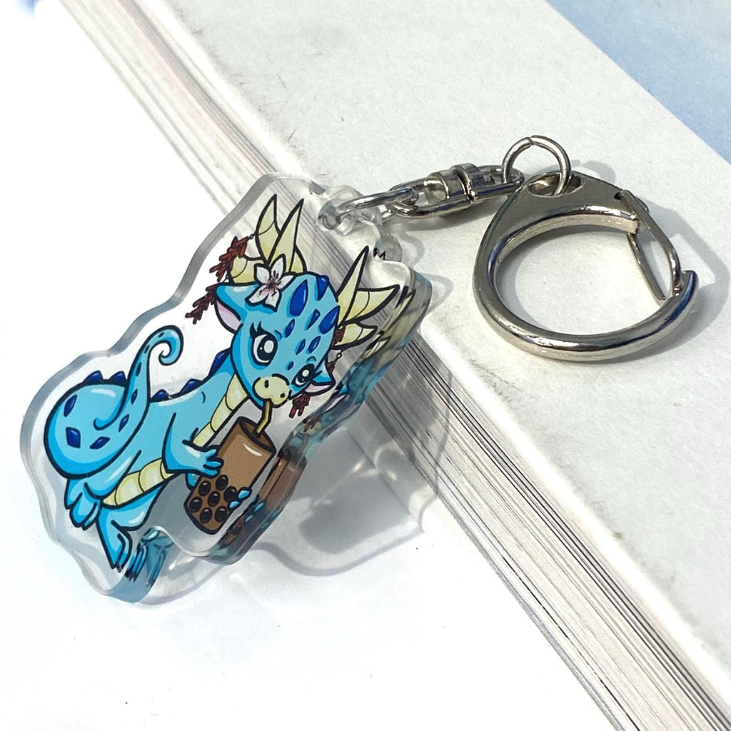 Blue Water Dragon Acrylic Keychain, Boba Milk Tea Charm