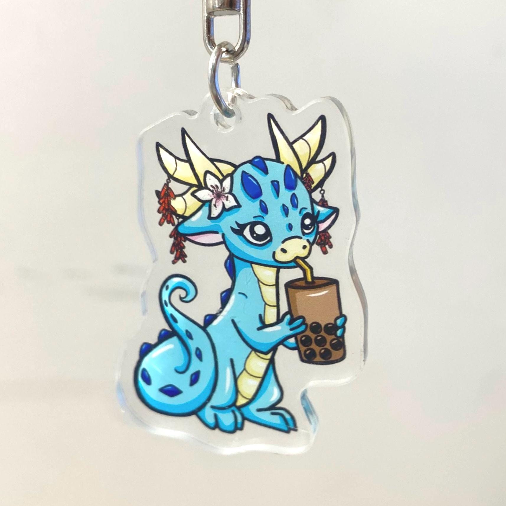 Acrylic Water Dragon Blue Drinking Boba Milk Tea Cute Keychain