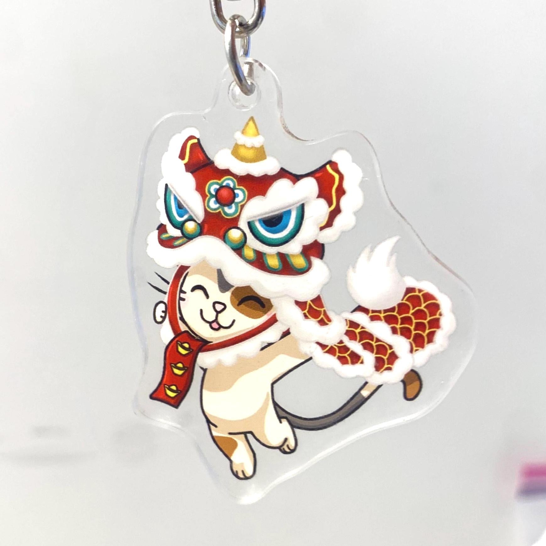 Acrylic Playful Cat Wearing Lion Dance Costume Cute Keychain