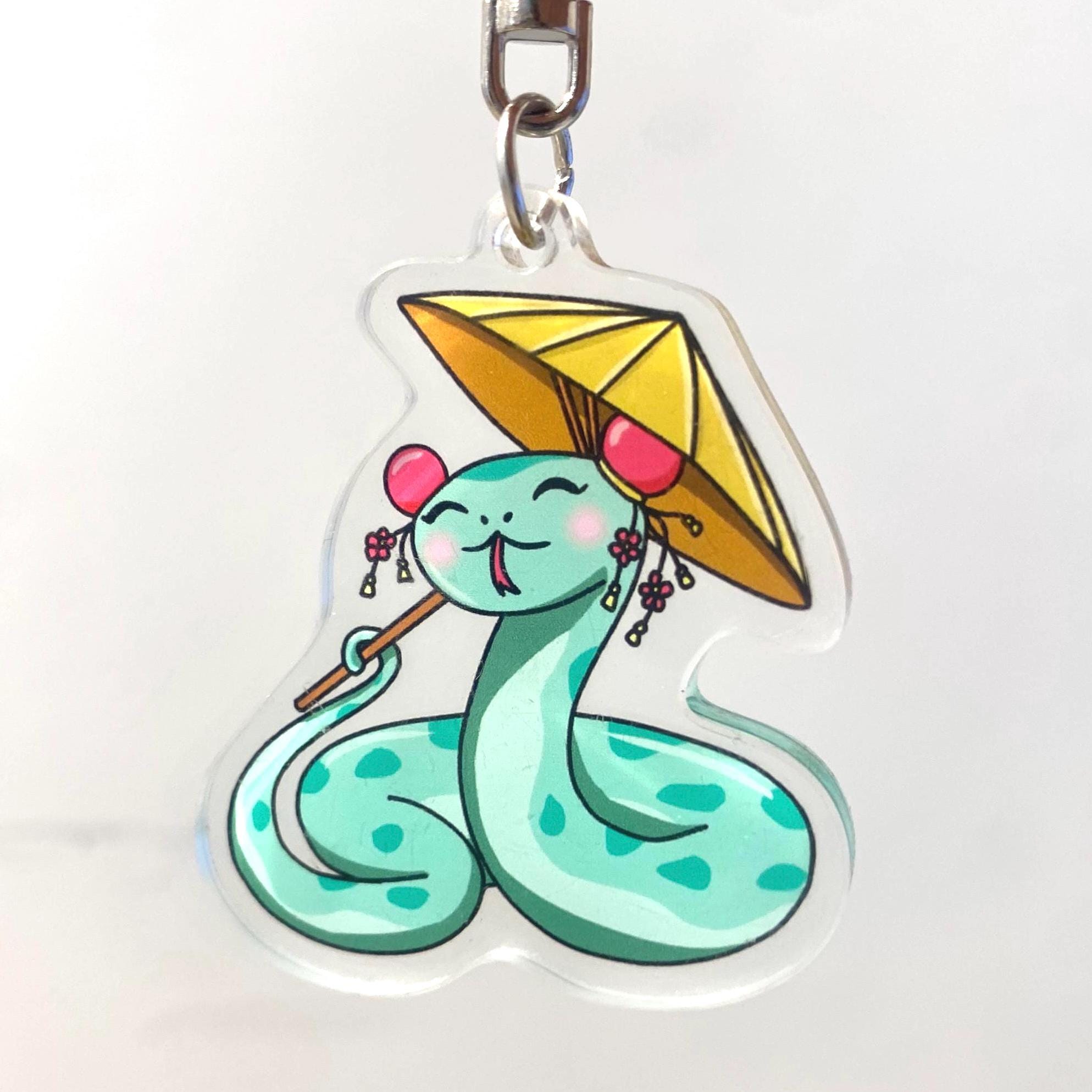 Acrylic Year of the Snake Wearing Rice Hat Holding a Parasol Cute Keychain