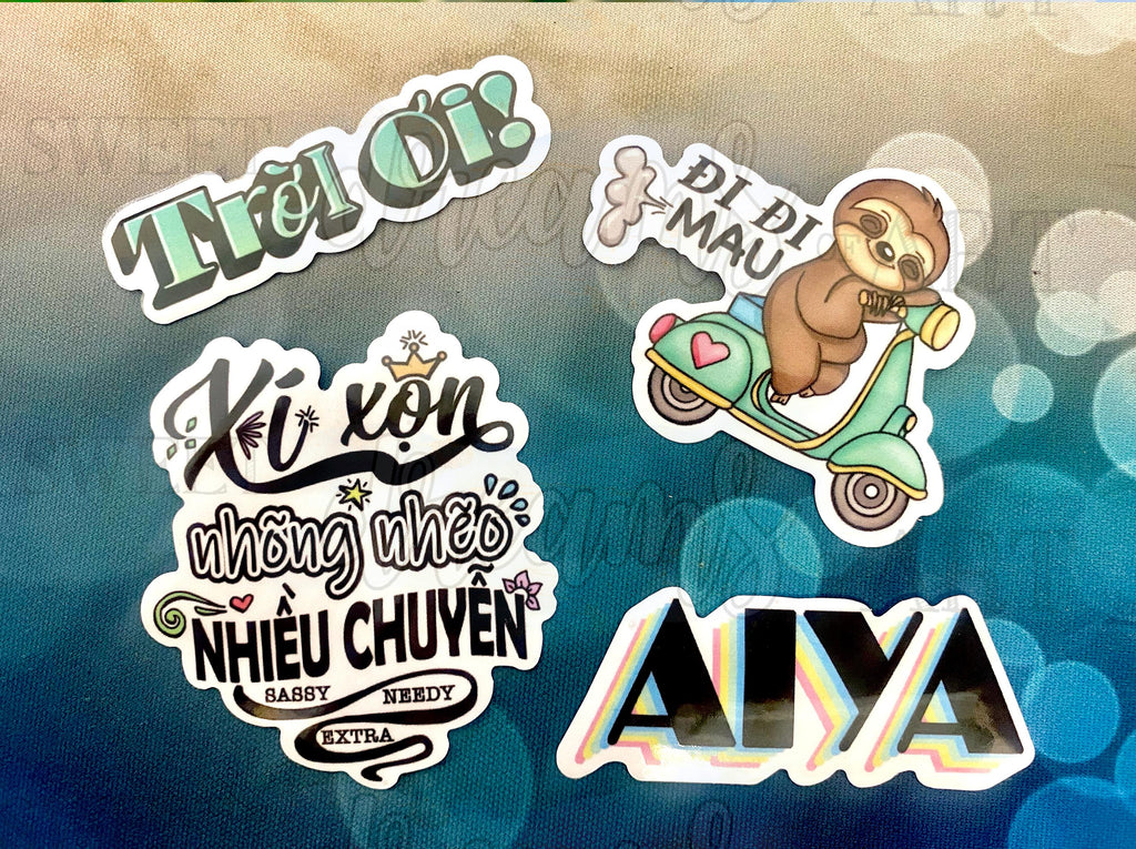 Vietnamese Phrase Stickers: Funny Vinyl Decal Bundle (4 pc)