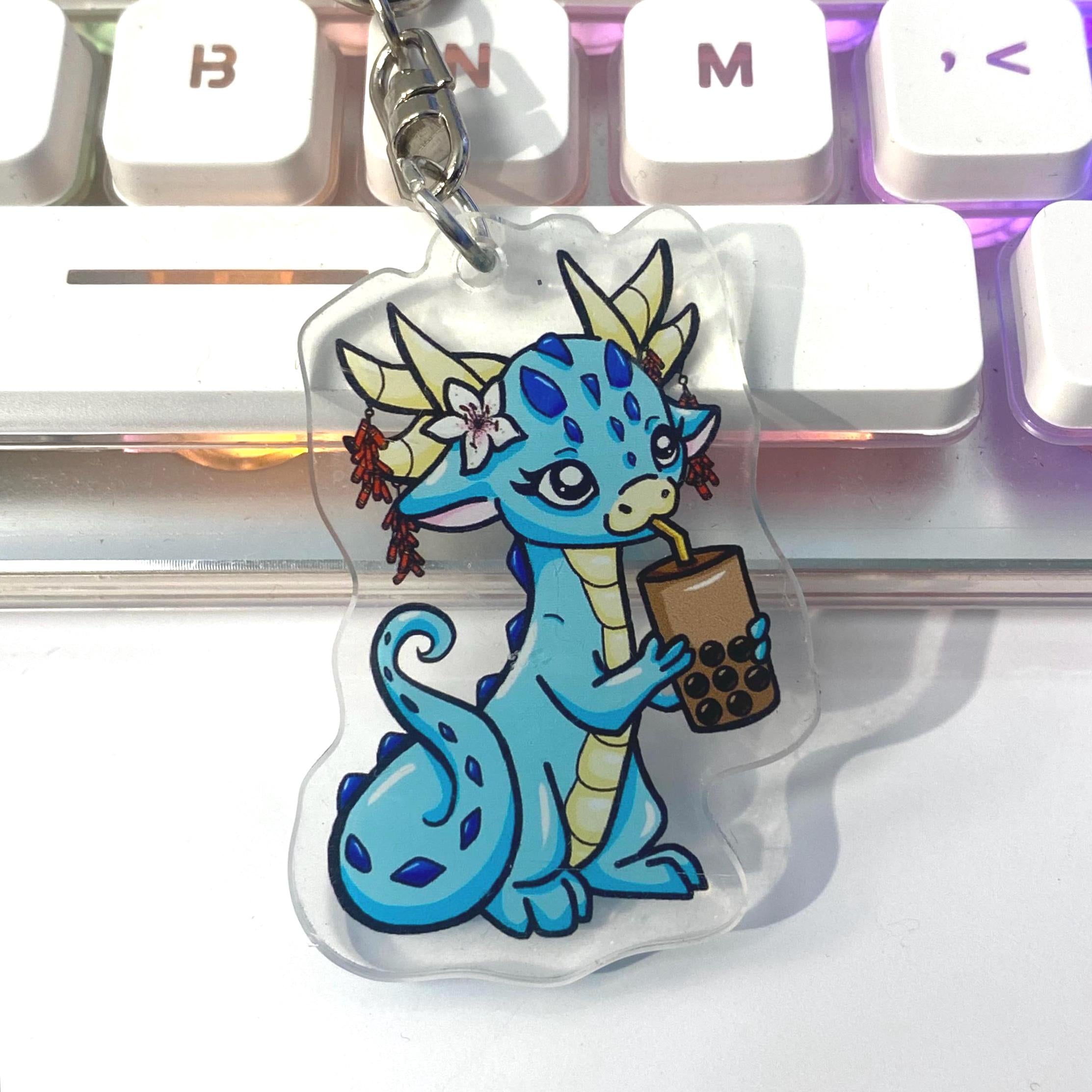 Acrylic Water Dragon Blue Drinking Boba Milk Tea Cute Keychain
