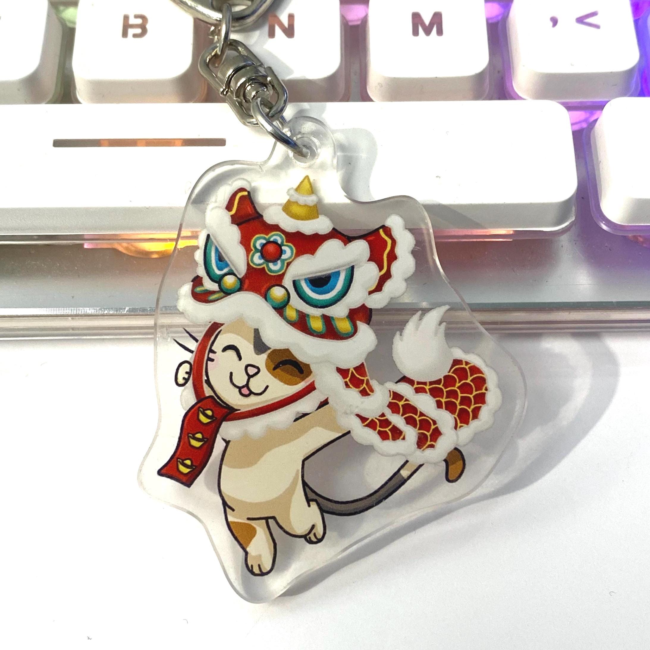Acrylic Playful Cat Wearing Lion Dance Costume Cute Keychain