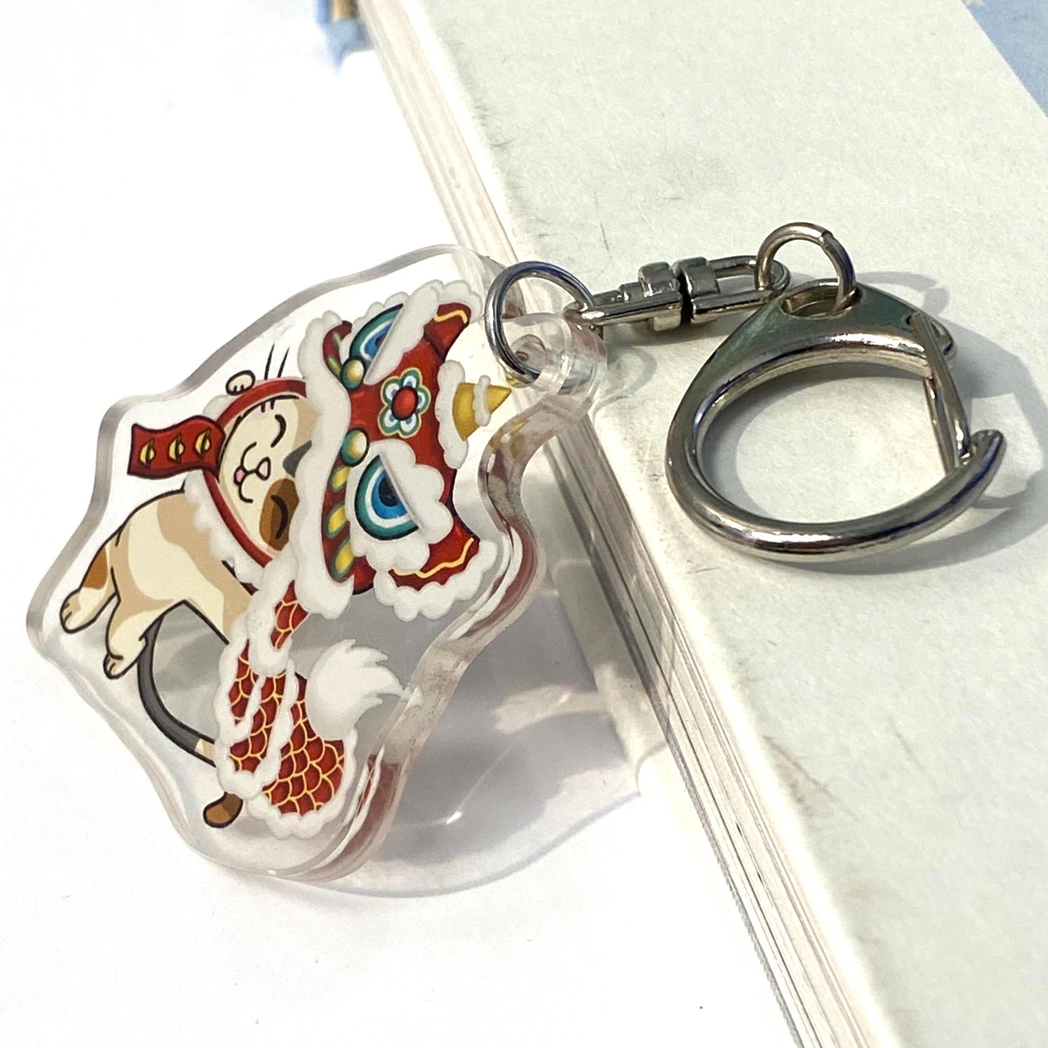 Acrylic Playful Cat Wearing Lion Dance Costume Cute Keychain