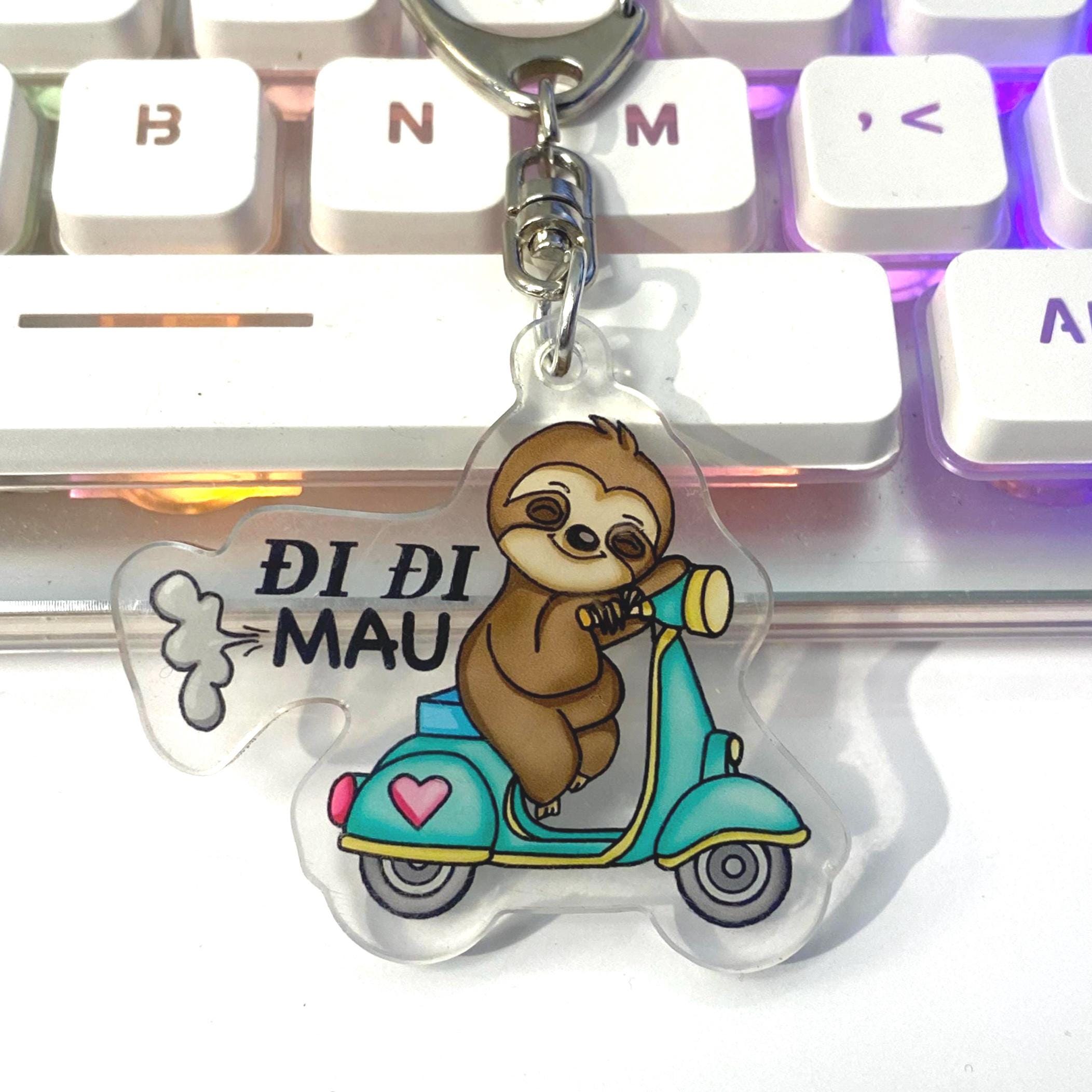 Acrylic Vietnamese Phrase Di Di Mau Go Go Fast Sleeping Sloth on Scooter Vespa Cute Keychain