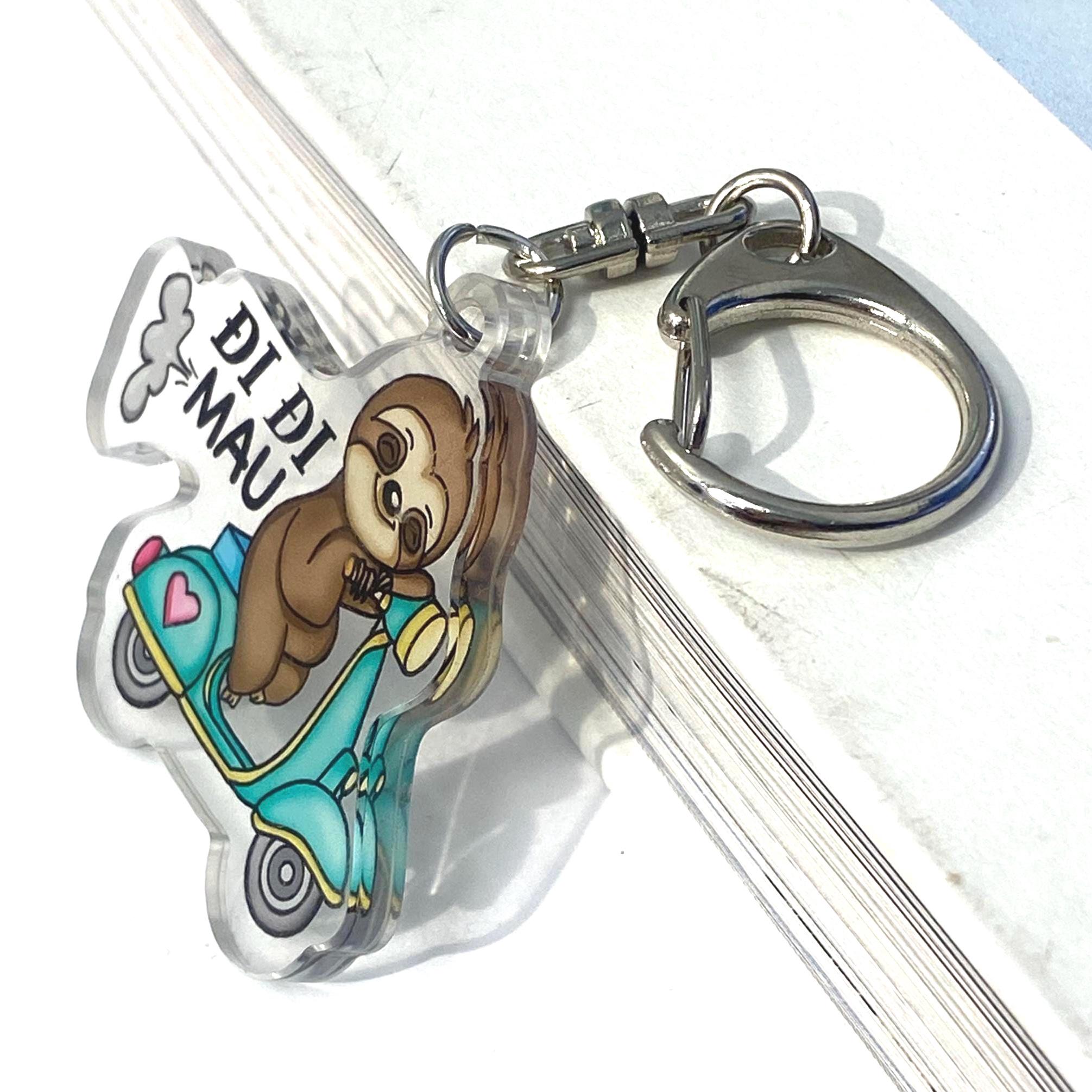 Acrylic Vietnamese Phrase Di Di Mau Go Go Fast Sleeping Sloth on Scooter Vespa Cute Keychain