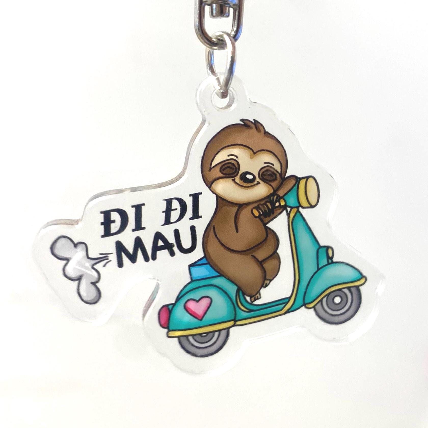 Acrylic Vietnamese Phrase Di Di Mau Go Go Fast Sleeping Sloth on Scooter Vespa Cute Keychain
