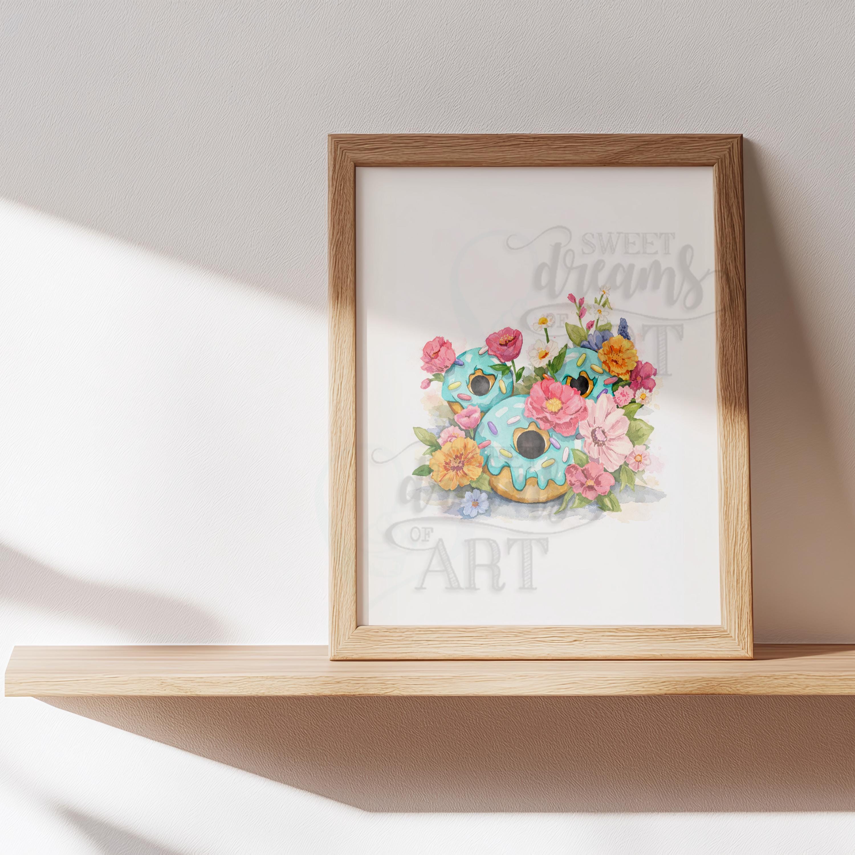 Mickey Donut in Bloom – Kawaii Watercolor Wall Art Print