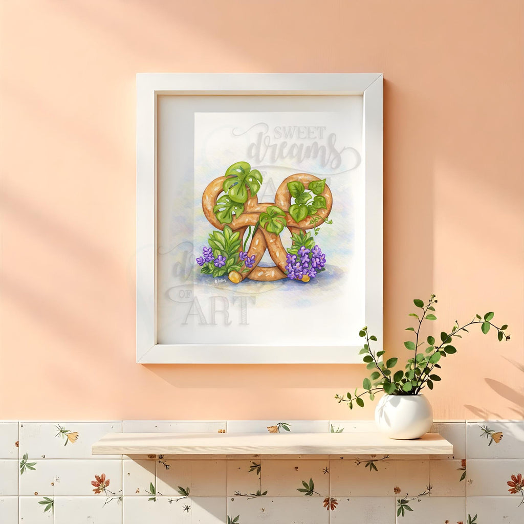 Mickey Pretzel in Bloom – Kawaii Watercolor Wall Art Print