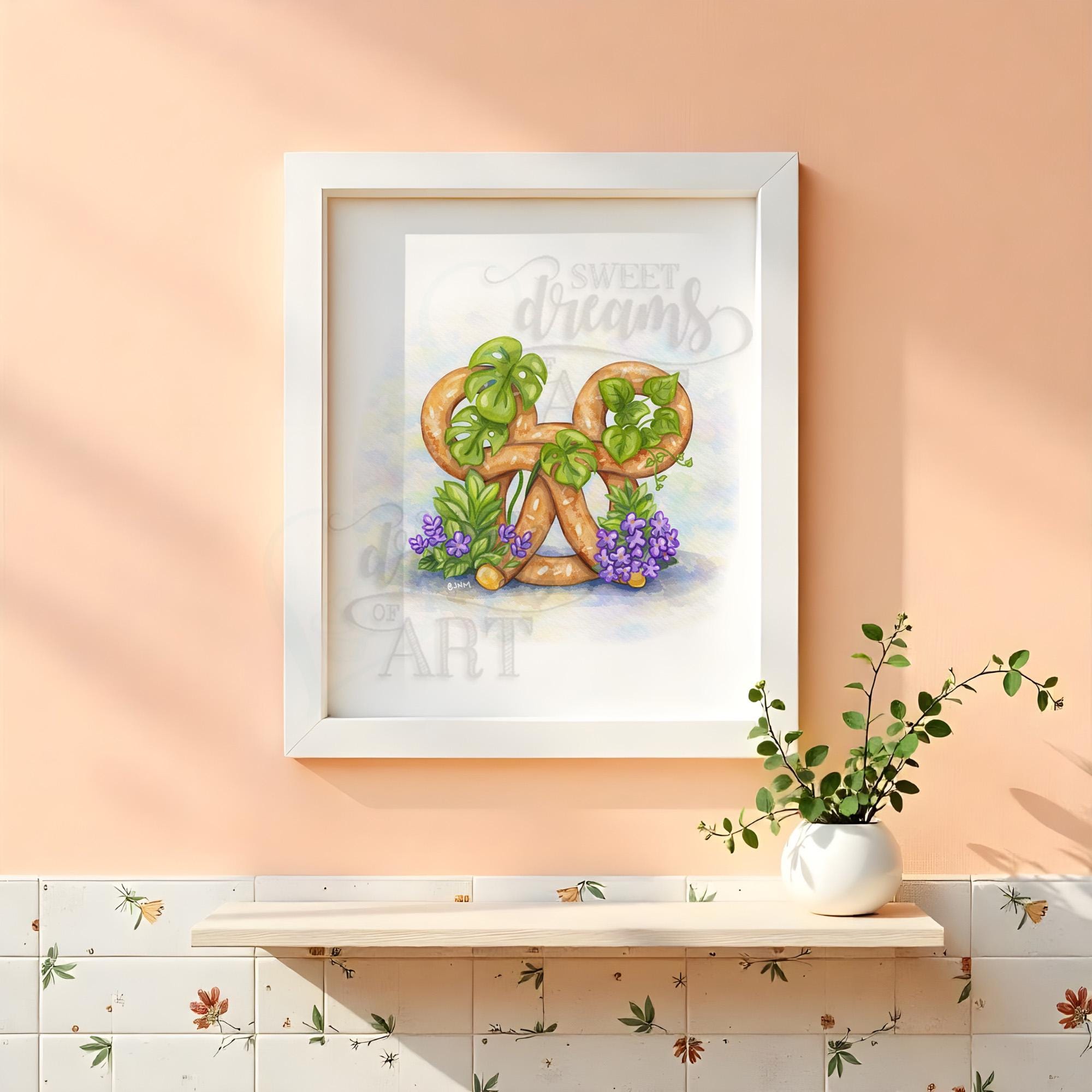Mickey Pretzel in Bloom – Kawaii Watercolor Wall Art Print