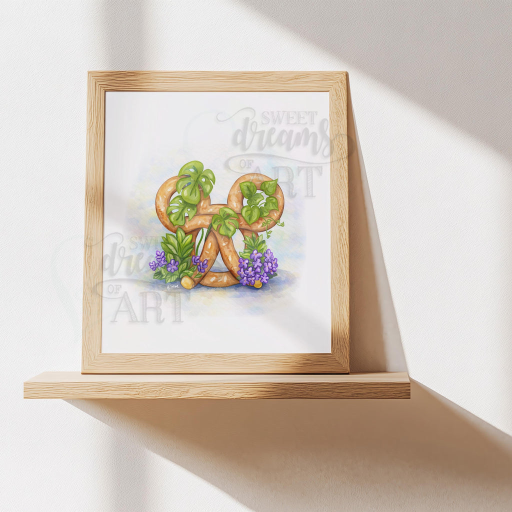 Mickey Pretzel in Bloom – Kawaii Watercolor Wall Art Print