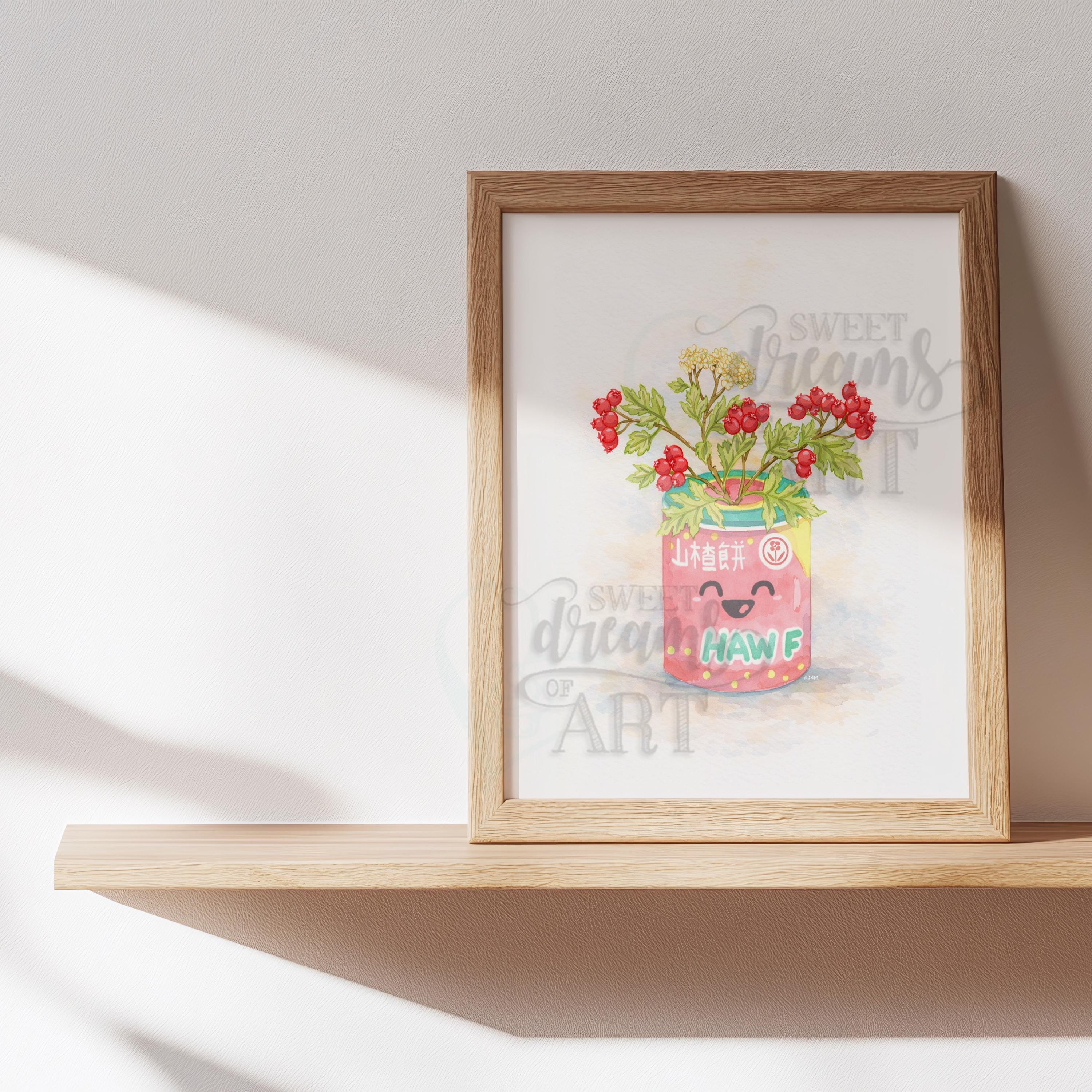 Haw Flakes in Bloom – Kawaii Watercolor Wall Art Print