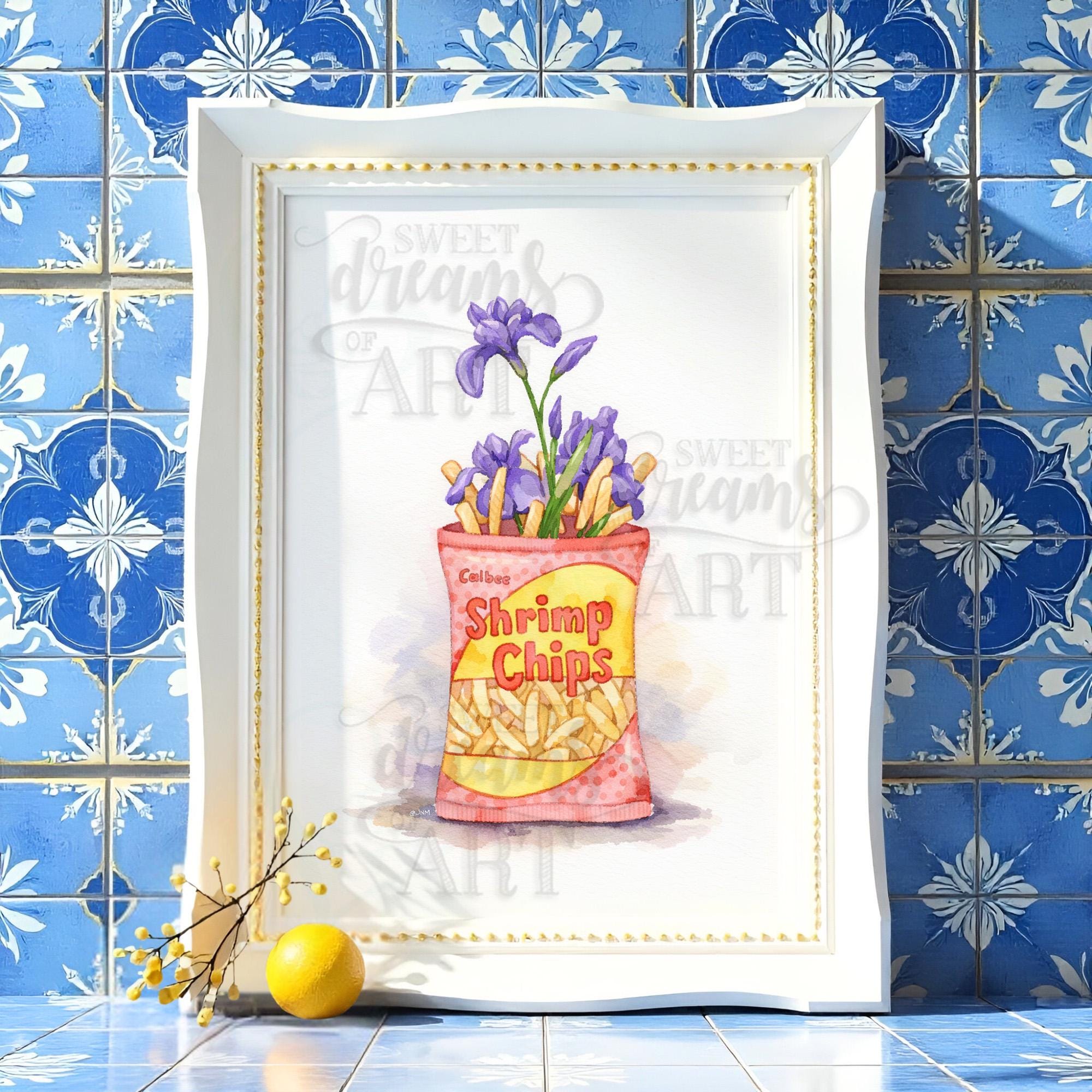Shrimp Chips in Bloom – Kawaii Watercolor Wall Art Print