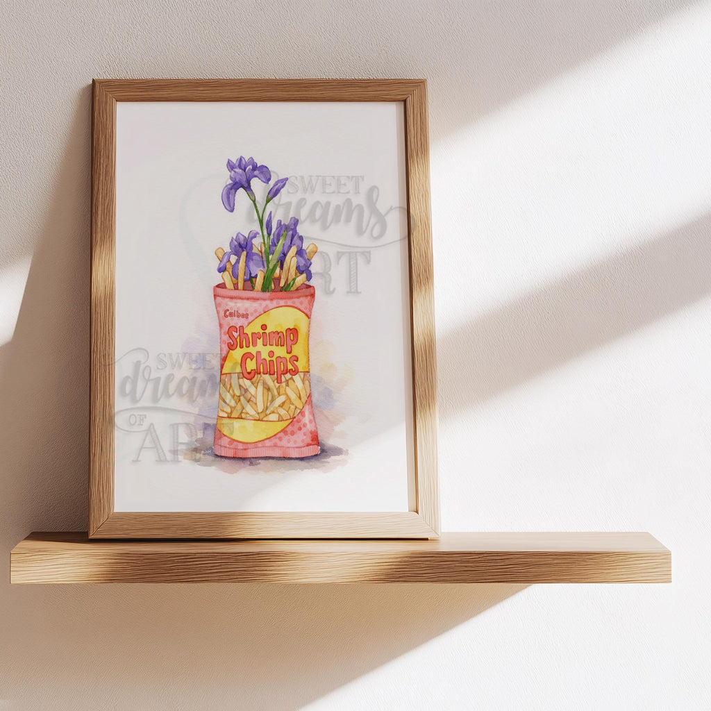 Shrimp Chips in Bloom – Kawaii Watercolor Wall Art Print