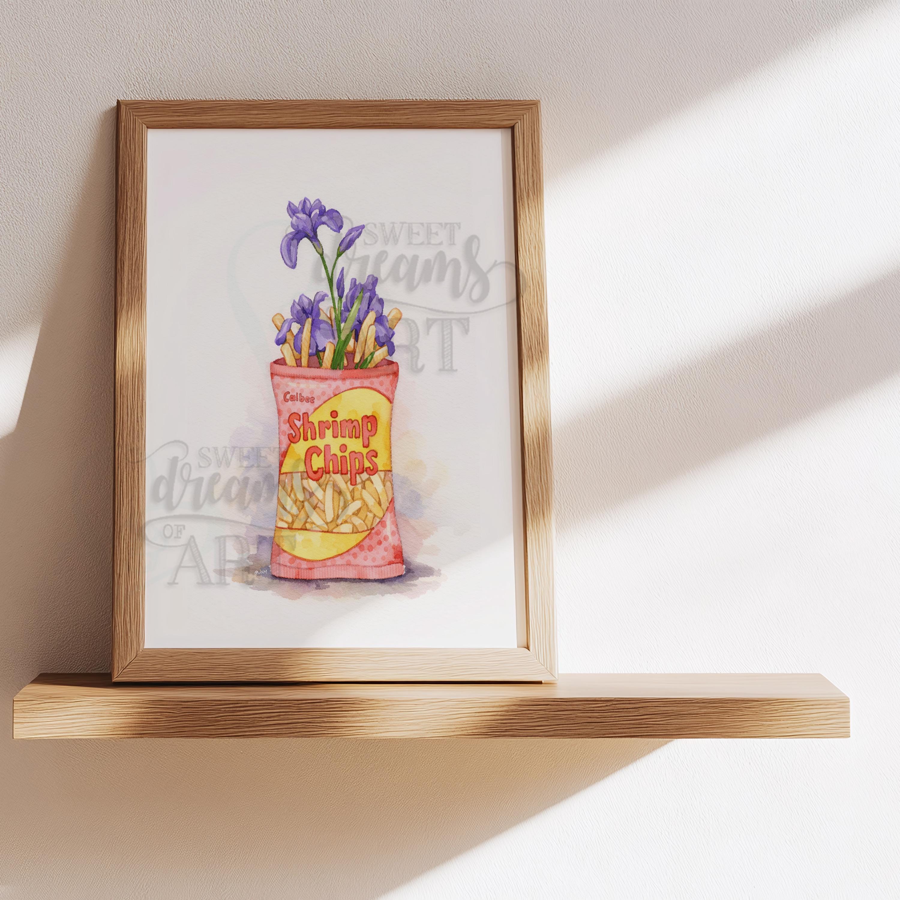 Shrimp Chips in Bloom – Kawaii Watercolor Wall Art Print