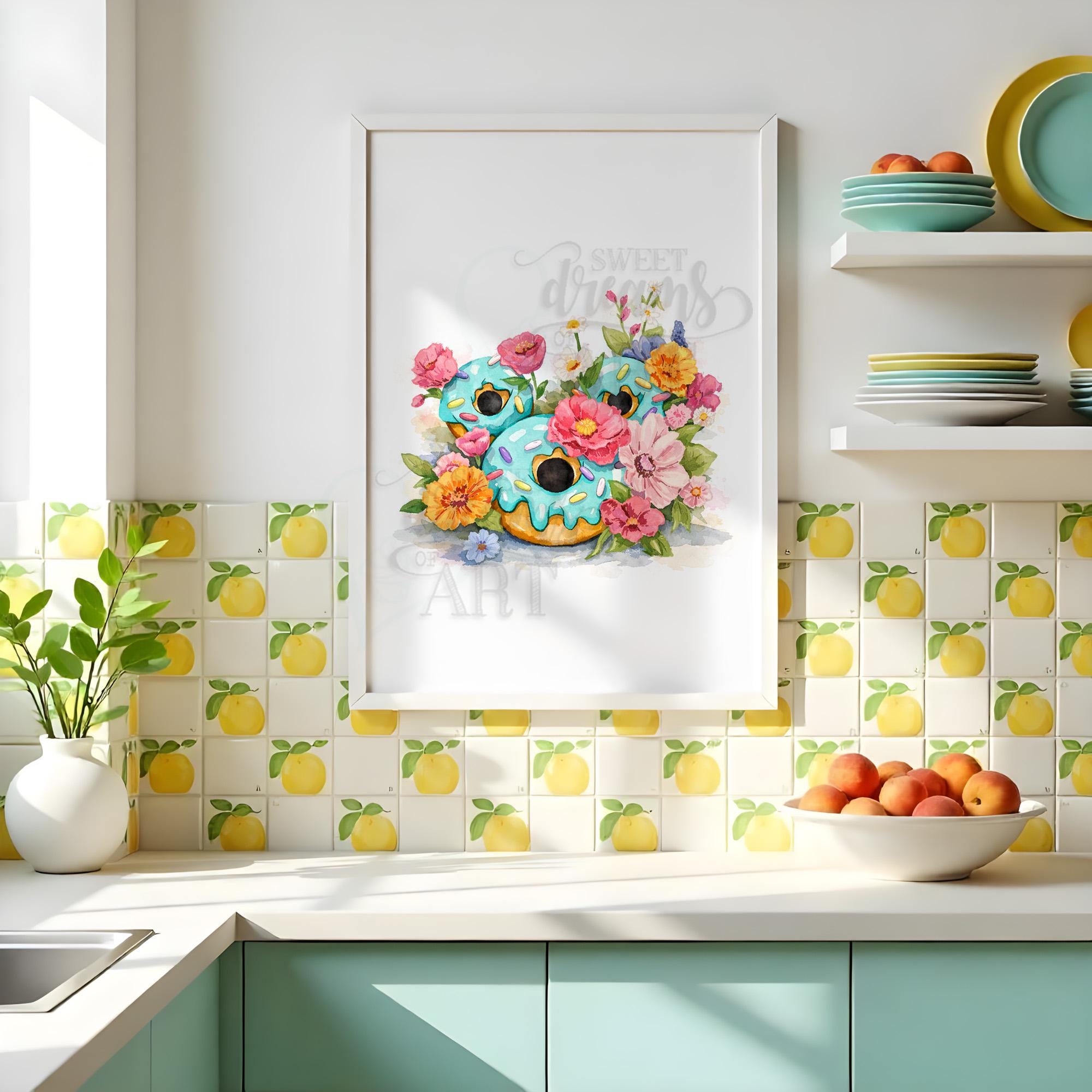 Mickey Donut in Bloom – Kawaii Watercolor Wall Art Print