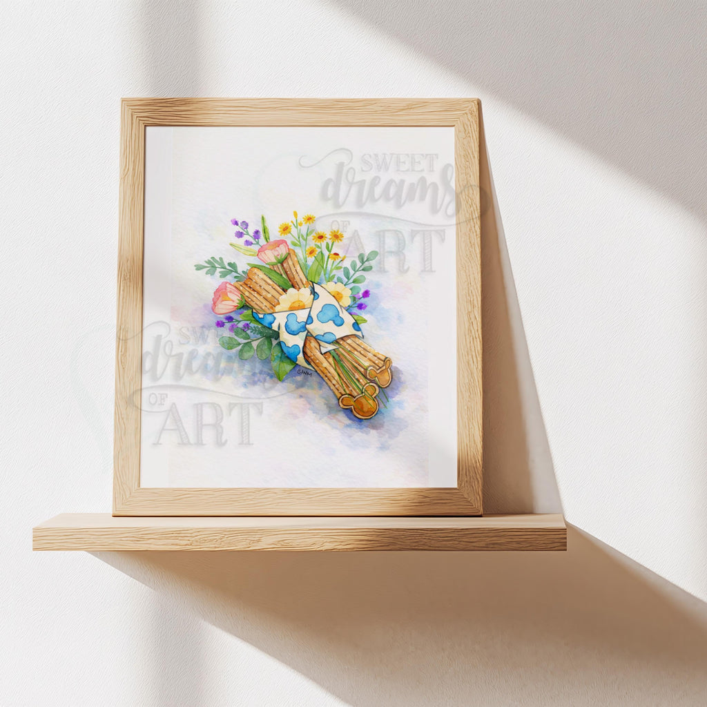 Disney Mickey Churro in Bloom – Kawaii Watercolor Wall Art Print