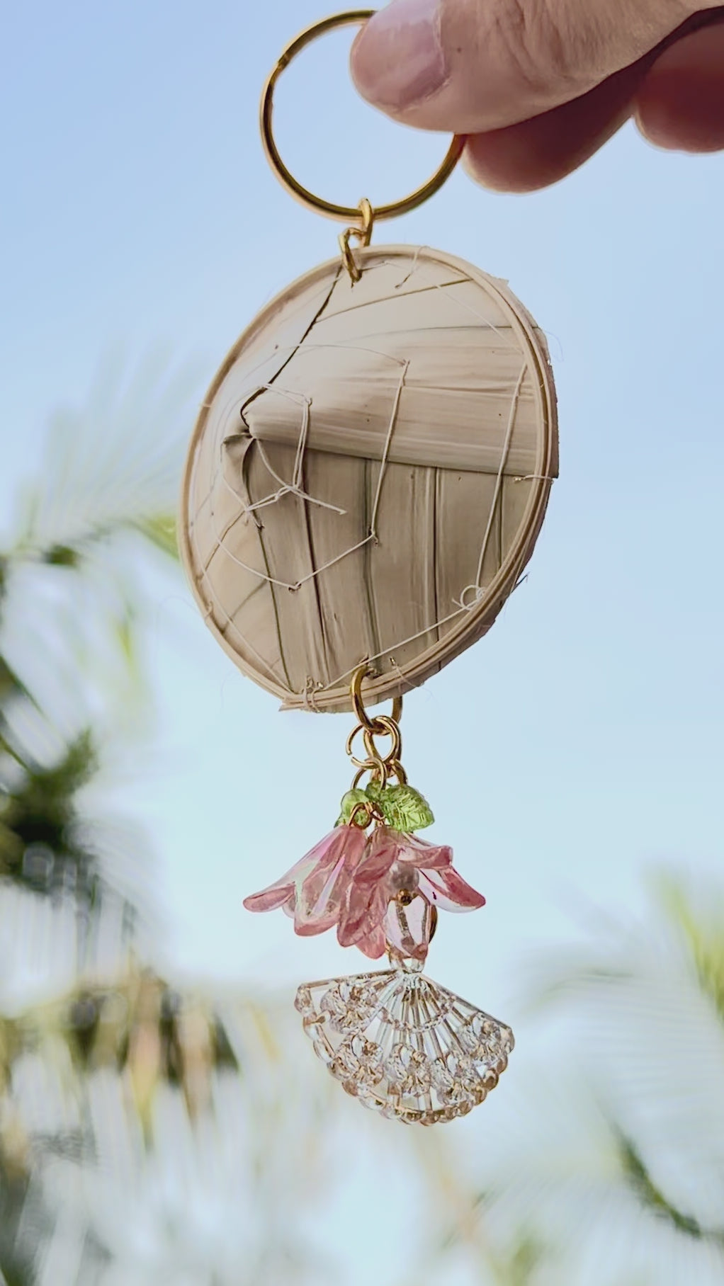 Whimsical Non La (Rice Hat) Keychain with Pink Flower & Crystal Bag Charm