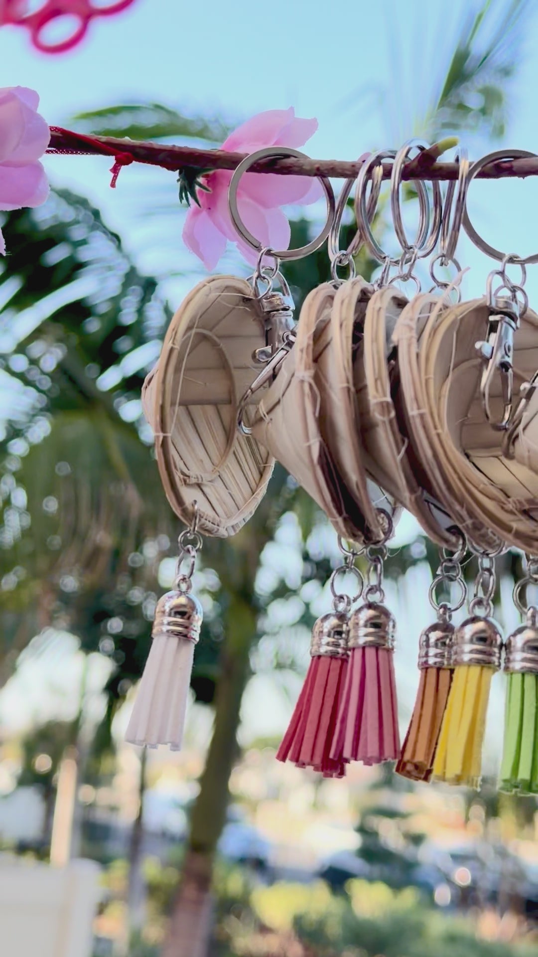Whimsical Non La (Rice Hat) Keychain with Pink Flower & Crystal Bag Charm