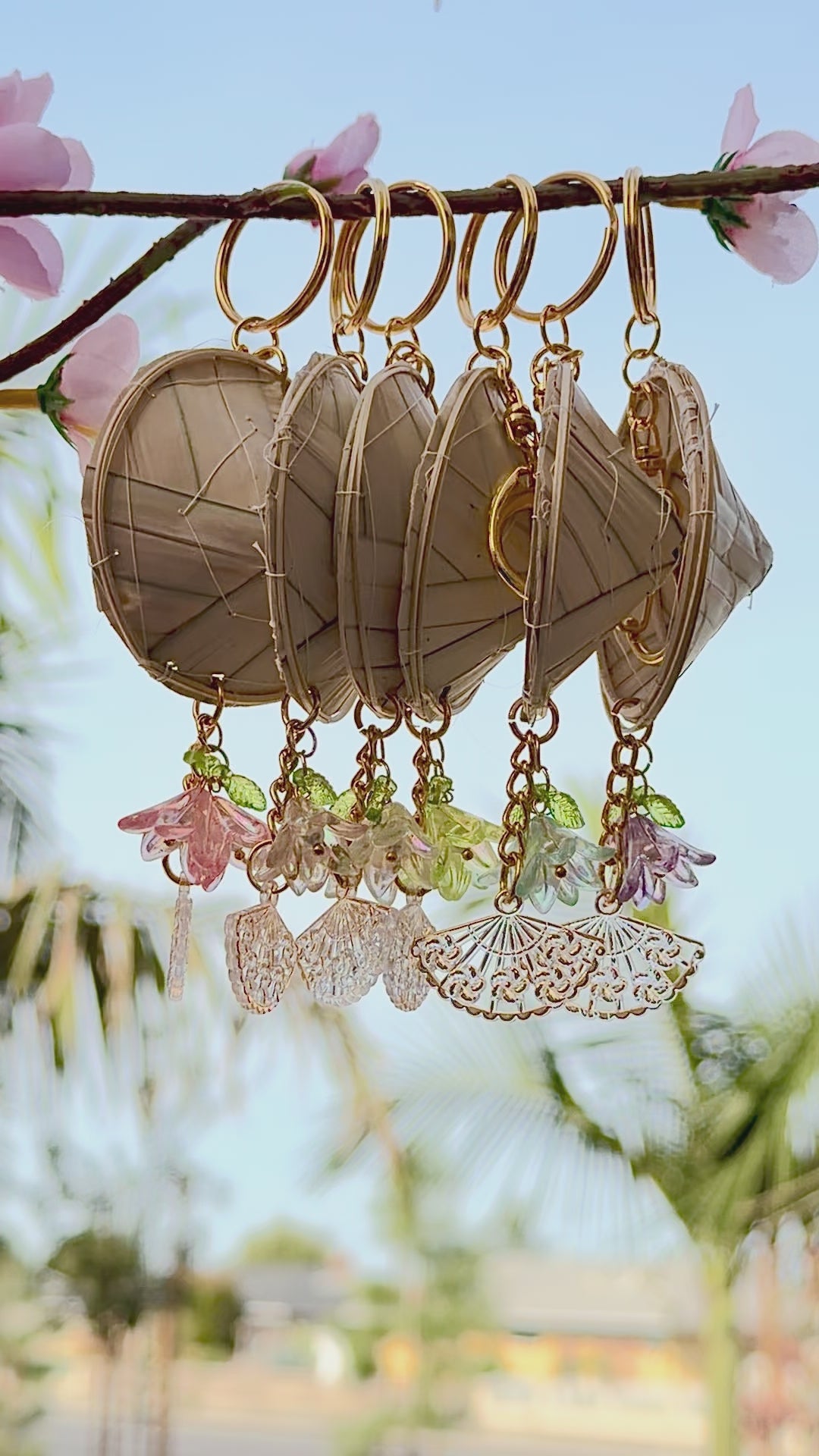 Whimsical Non La (Rice Hat) Keychain with Pink Flower & Crystal Bag Charm